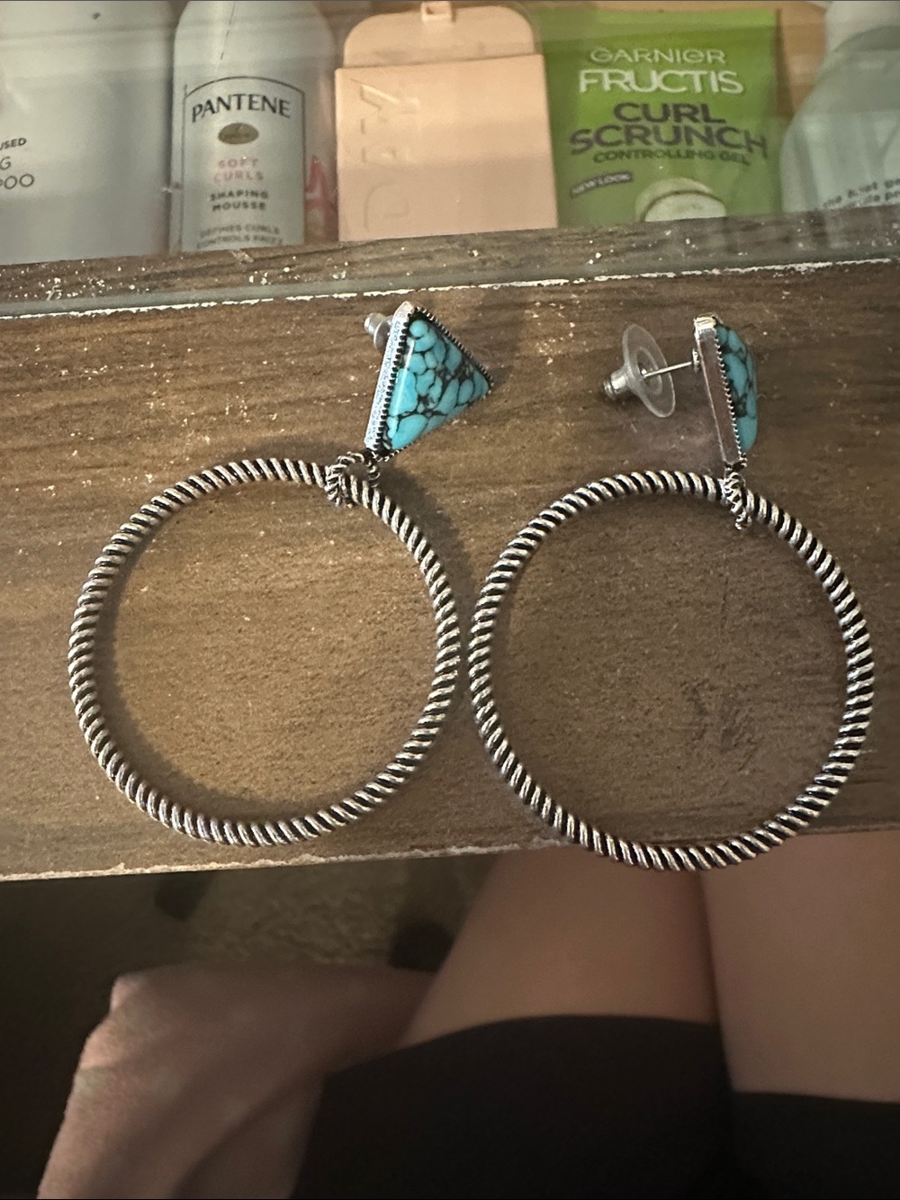 Turquoise Stone Hoop Drop Earrings - Women Jewelry
